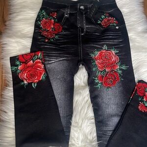 Floral Embroidered Black Jeans